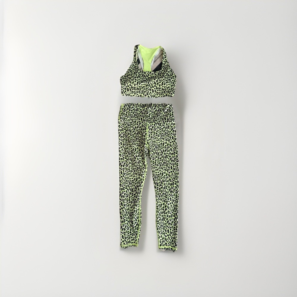 Fabletics Leopard Print Workout Set‎ Size S Neon Green Sports Bra & Leggings